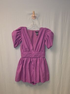 Express Violet-Pink Puff Sleeve V-Neck Romper (Conscious Edit)